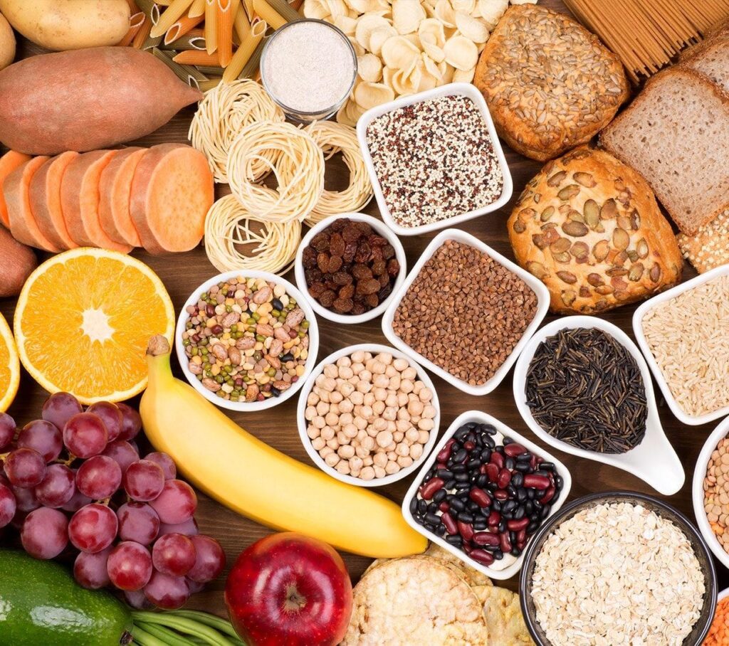 carbs from legumes, beans, bananas, rice, pasta, fruits and bread